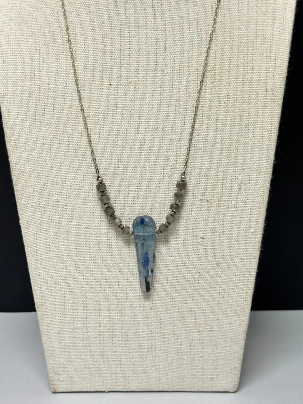 Kyanite Pendant Necklace Sterling Silver Blue Stone Beaded Chain Artisan